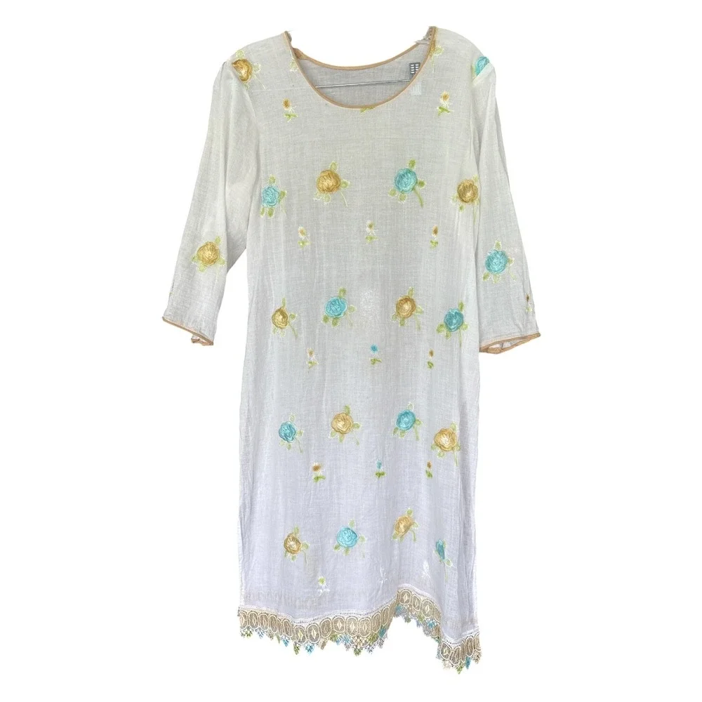 VTG Cottagecore Floral Embroidered Linen Midi Dress | white/Cream
